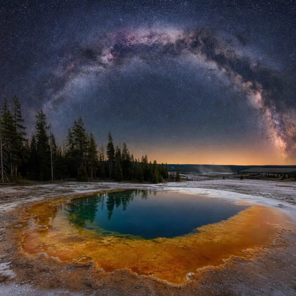 Yellowstonský Pramen Silex Spring Pod Obloukem Mléčné Dráhy Zaujal Astronomy