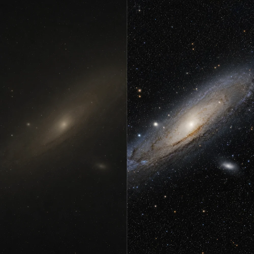 Nasa Zveřejnila Snímek Galaxie Andromeda Z 223 Expozic Před Úpravou A Po Ní